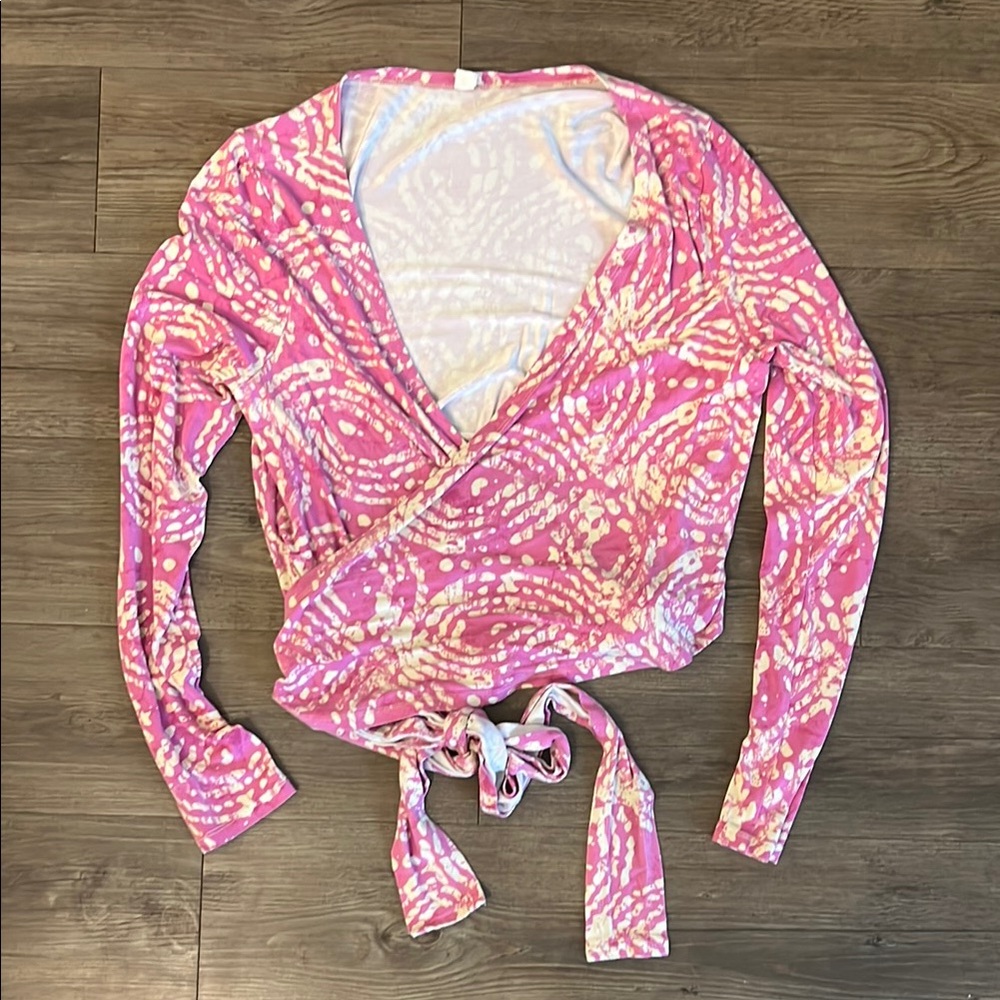 Anthropologie Pink Wrap Tie Front Crop Blouse - Yoga